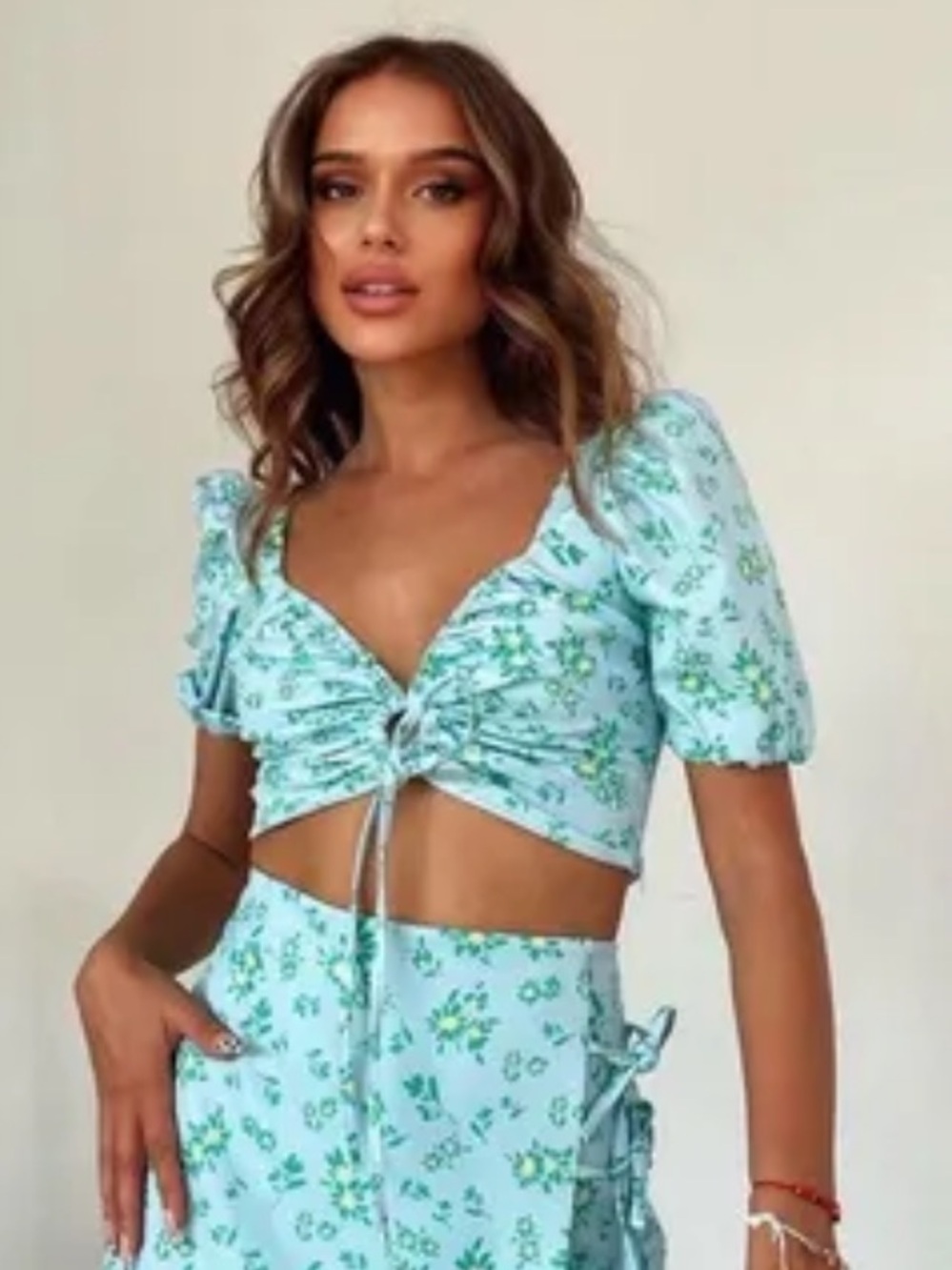 Zara Blue Foral Puff Sleeve Crop Top Shirt Ties Spring 100% Cotton Size Small